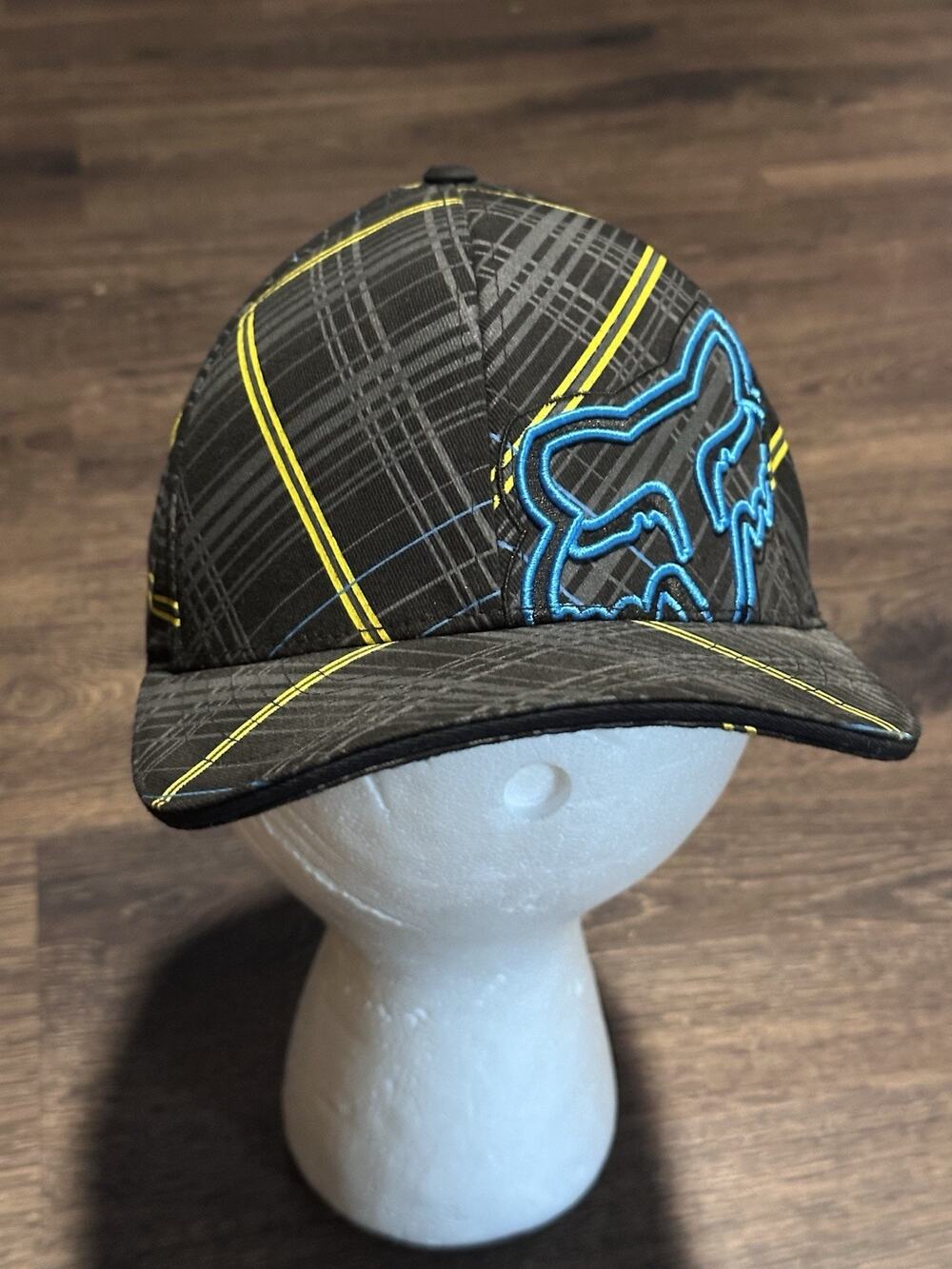Fox Racing Hat Cap Fitted Mens Black Blue Plaid Flexfit Moto Logo VTG L/XL